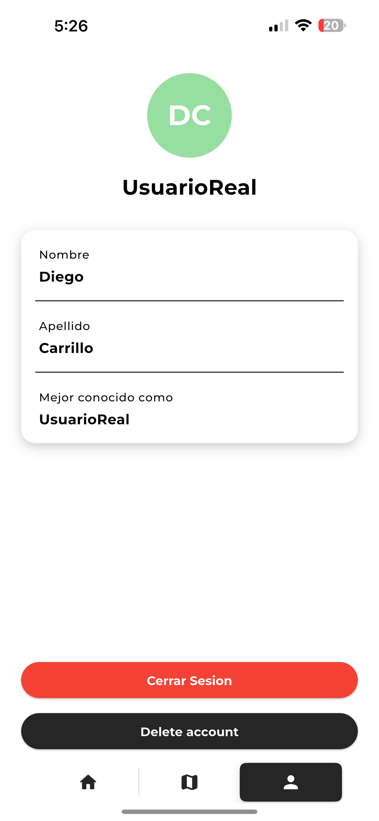Pantalla de perfil con opción para eliminar cuenta